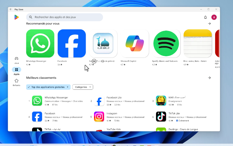 utiliser Play Store sur Windows 11 et 10 san émulateur